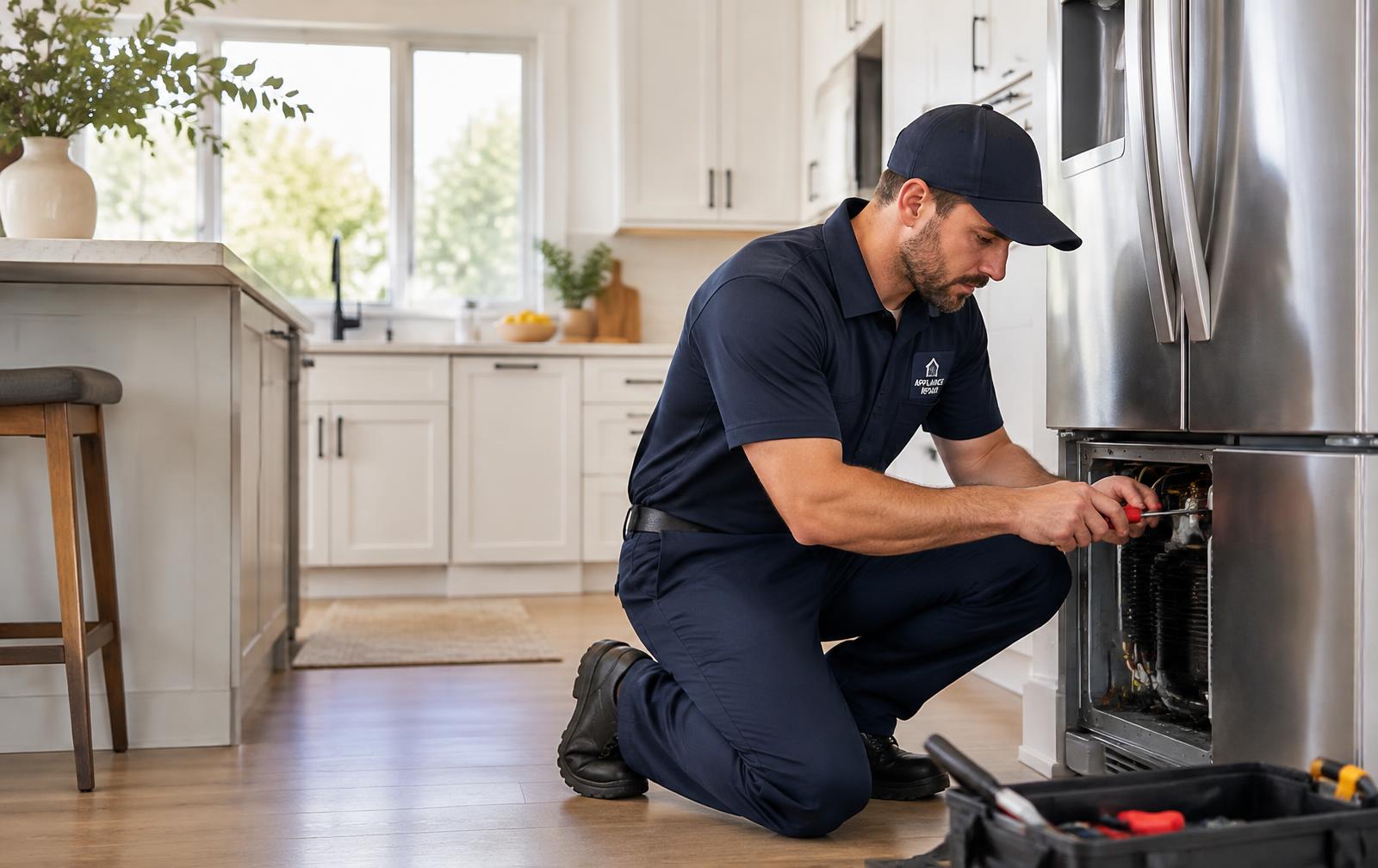 Technician repairing a refrigerator